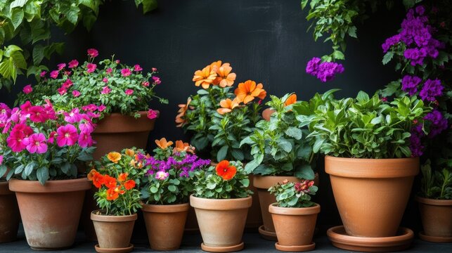 Vibrant flowers in clay pots create a stunning interior garden against a dark backdrop showcasing rich colors and lush greenery.