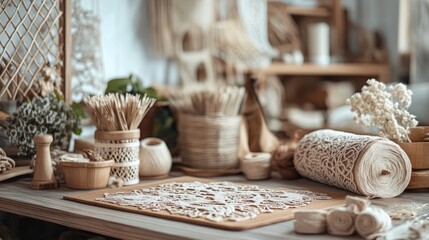 Cozy Interior Design Workspace Featuring Embroidered Wood Crafts and Natural Materials for Creative Planning and Arrangement