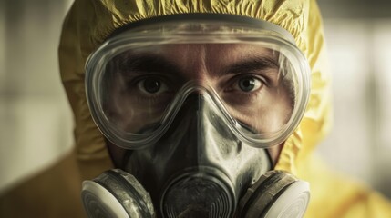 Fototapeta premium Industrial worker in protective gear with respirator focused on safety in a manufacturing environment conveying health and security measures