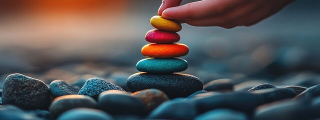 Hand placing a colorful pebble atop a balanced stack symbolizing investment growth in digital currency trading with space for text.