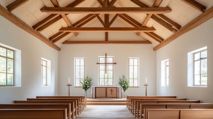 Serene chapel interior featuring white walls, wooden beams, and rows of seating creating a peaceful atmosphere for worship and reflection.