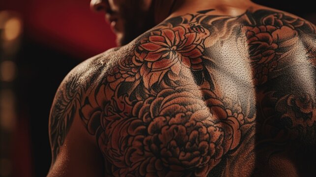 Intricate tattoo designs on muscular back highlighting artistry and personal expression through detailed body art