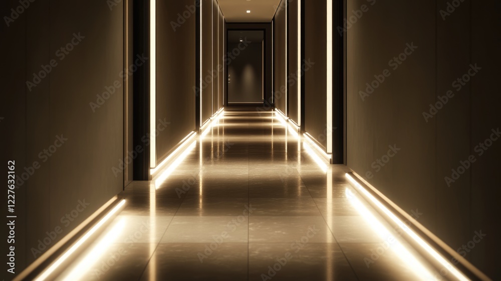 Poster sleek and modern illuminated corridor with glowing floor tiles and ambient lighting creating a styli
