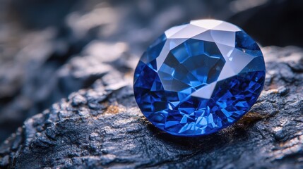 Sparkling macro close-up of a stunning sapphire gemstone showcasing rich blue hues and intricate textures on a dark rocky surface