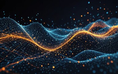 Innovative technology background with a flowing mesh of digital particles and data visualization