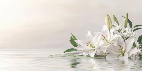 Elegant white lily and lily pad arrangement on tranquil lake backdrop with soft colors and ample copy space for text or design placement
