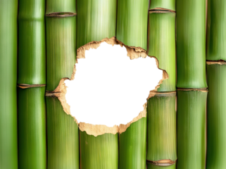 Green bamboo stalks with a torn hole in the center, isolated on a transparent background