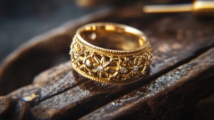 Jeweler meticulously crafting a detailed gold ring showcasing the artistry and tradition of fine jewelry making.