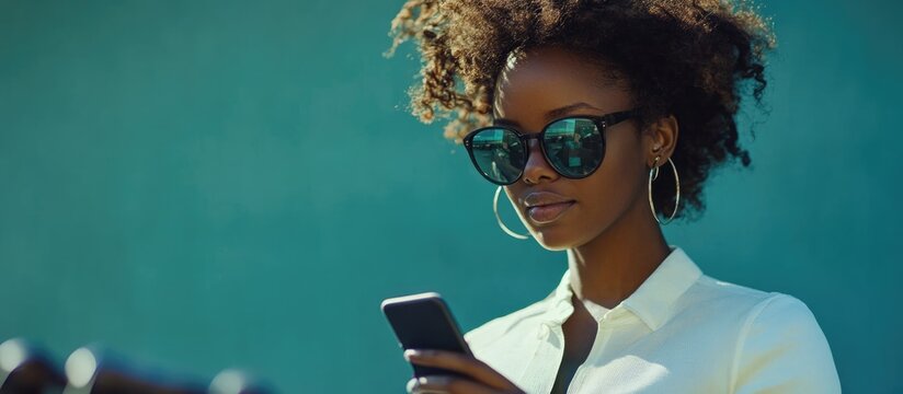 Stylish African American woman cycling with smartphone in urban setting promoting eco-friendly commuting and sustainable transportation solutions
