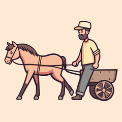 The farmer man is walking with the horse pulls the cart Cartoon Vector Icon Illustration