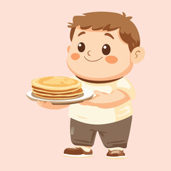 Cartoon boy holding a plate of pancakes Cartoon Vector Illustration