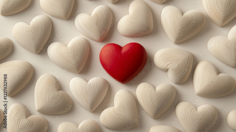 Poster a captivating display of wooden hearts, each showcasing distinct patterns. among the off-white heart