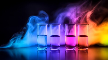 Colorful smoke and liquid in glass containers creating a vibrant atmosphere in a dark setting