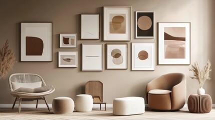 Minimalist interior with Scandinavian elements featuring gallery wall mockup framed artwork and neutral tones in contemporary design