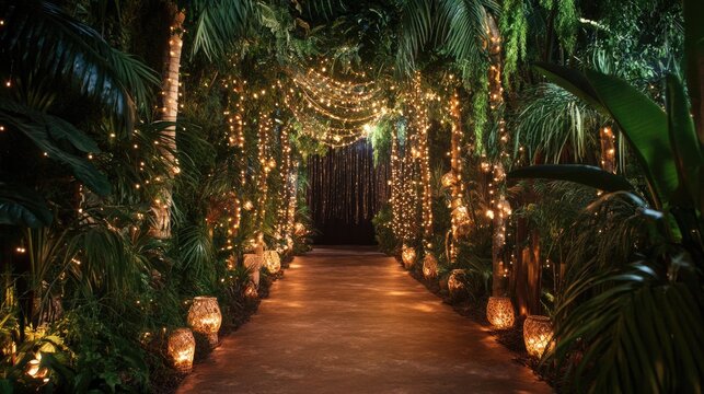 Jungle Themed New Year s Eve Party Backdrop with Twinkling Lights and Lush Greenery for Festive Celebrations
