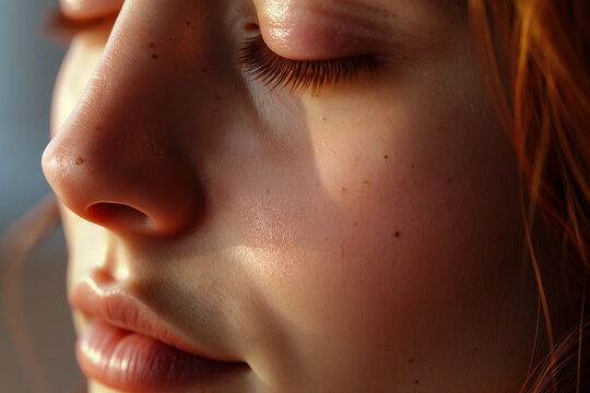 Fototapeta Female model with closed eye showcasing eyebrows and eyelashes, elegant make-up cosmetic background.