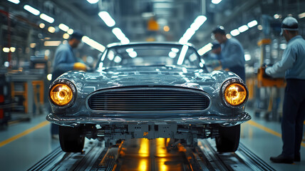 Classic car in a factory production line woth workers in grey overalls working on the car. 
