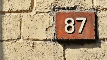 House number 87 mounted on a textured brick wall with stucco background featuring ample empty space for customizable text or messages