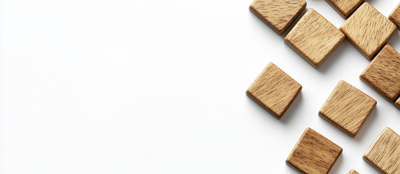 Wooden scrabble tiles arranged on a white background with ample negative space for text or design elements.
