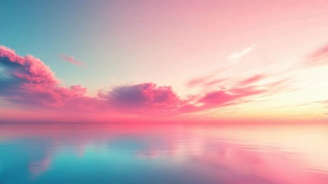 Pink and blue sunset reflected in calm water. Soft pastel colors create a tranquil atmosphere. A dreamlike cloudscape is visible at the horizon. The