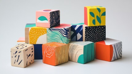 Colorful interlocking wooden blocks showcasing creative packaging designs on a light background for artistic or educational use.