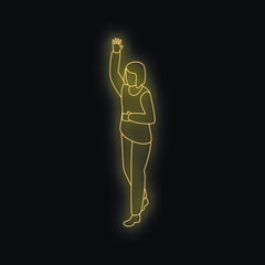 Neon light style illustration of a businesswoman raising her hand