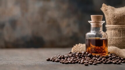 Glass bottle with cork and coffee beans on rustic surface, burlap sack in the background