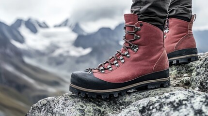 Hiker boots close up on rocky surface with mountainous landscape in background showcasing outdoor exploration and adventure equipment