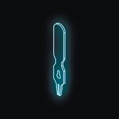 Light blue neon sign of a calligraphy pen nib glowing on a dark background, representing writing, art, and creativity