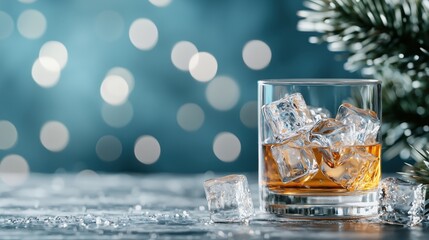 A glass of whiskey with ice on a table, decorated with pine branches and bokeh lights