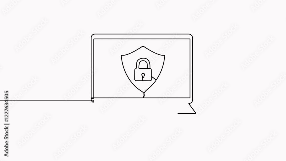 Poster open laptop with closed padlock continuous line drawing animation. protect and security symbol on co