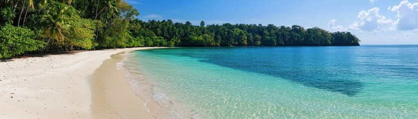 Fototapeta premium A serene tropical beach with clear turquoise water lapping against a sandy shore, framed by lush green trees and a bright blue sky.