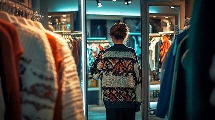 Obraz premium Woman trying on patterned sweater in clothing store mirror