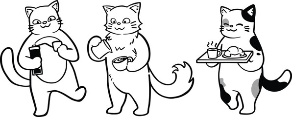A collection of playful line art illustrations featuring funny cats engaging in various coffee shop activities, from brewing coffee to serving food, in a cozy cafe setting.