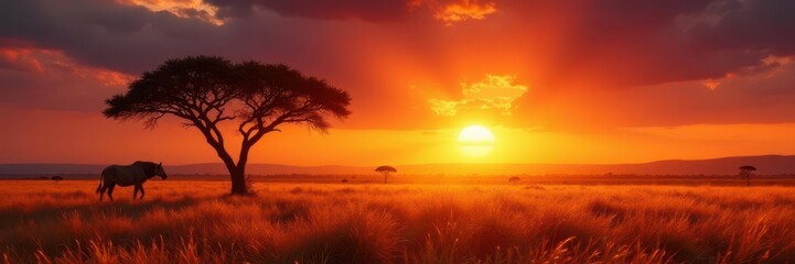 Fototapeta premium Fiery African sunset paints savannah grasses gold, royalty free, africanwildlife