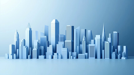 Naklejka premium A clean 3D vector cityscape skyline with modern glass buildings and urban landmarks, rendered in minimal blue tones, set on a soft pastel background, with copy space. Subtle shadow lighting.