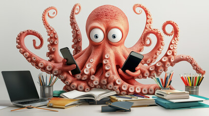 Anthropomorphic octopus multitasking at a cluttered desk, holding multiple smartphones and tablets. Red-orange cartoon cephalopod working with office supplies, books, and a laptop in a humorous, playf