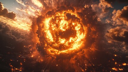 Mushroom cloud explosion showcasing immense energy and dramatic atmospheric effects during sunset over a city landscape.