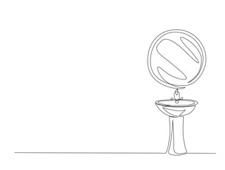 Continuous one line drawing of washbasin cabinet design. Washbasin with mirror in single line draw illustration. Editable stroke.