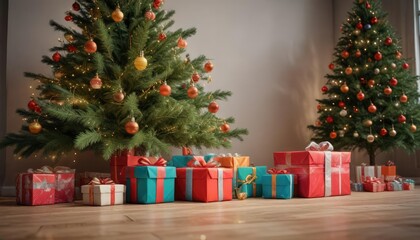 Gift-wrapped presents beside a minimalist Christmas tree, white ornaments, warm glow, gift arrangement