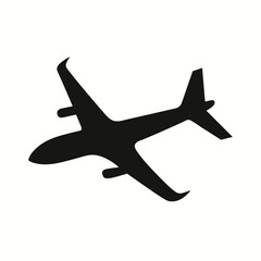Black silhouette of flying airplane on white background. Aircraft icon. Passenger air transportation symbol. Vector illustration
