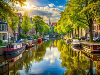Fototapeta premium Amsterdam Canal Summer: Sunny Day on a Charming Gracht