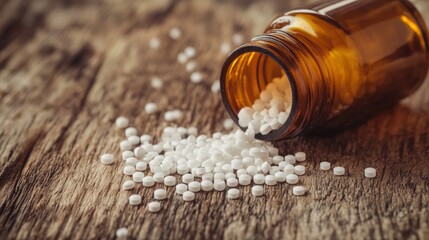 Close up of an amber bottle with spilled white capsules scattered on a rustic wooden surface