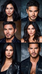 Fototapeta premium Headshots of four actors, two men and two women, against a dark background. They are all wearing leather jackets.