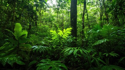 Obraz premium Lush tropical forest with vibrant green foliage creating a serene and verdant natural landscape in vertical orientation
