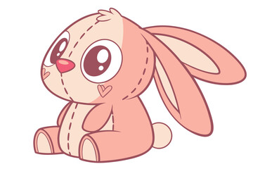 Cute plush bunny toy, soft pastel peach color, large floppy ears, big round eyes, small pink nose, chubby body, kawaii style, chibi proportions, smooth texture, minimalist design, 3D render, studio li