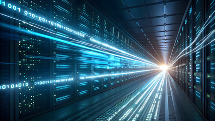 Data transmission burst digital server room high-tech environment futuristic perspective streaming binary codes