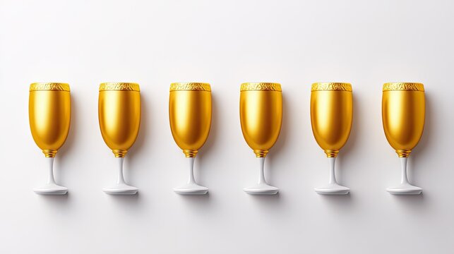 Golden champagne glasses in a row with elegant design on a white background for celebration themes