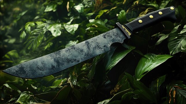 Machete resting among lush green jungle foliage creating a dramatic and adventurous atmosphere for outdoor and survival themes - Powered by Adobe