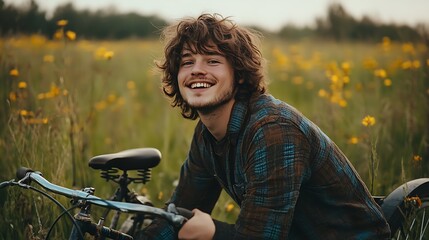 Fototapeta premium Happy young man with bicycle in a field of flowers.